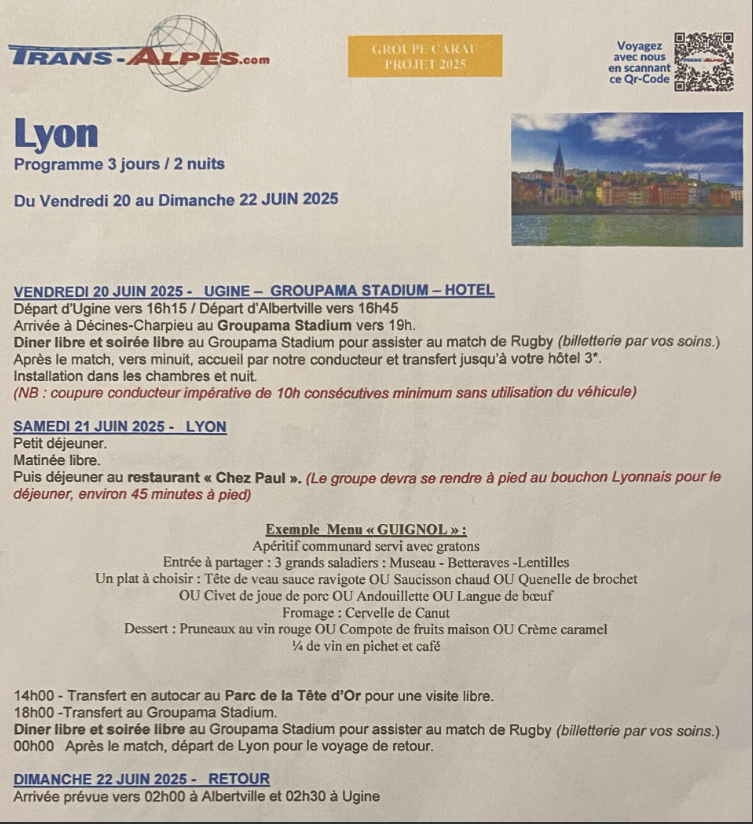 Programme du Voyage à Lyon 1/2 Finale top 14 les 20 et 21 juin
